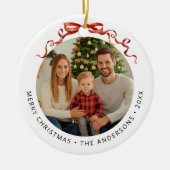 Rode Strik Cirkel Kerst Foto Keramisch Ornament (Voorkant)
