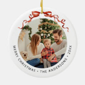 Rode Strik Cirkel Kerst Foto Keramisch Ornament (Achterkant)