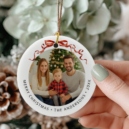 Rode Strik Cirkel Kerst Foto Keramisch Ornament