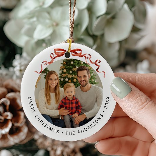 Rode Strik Cirkel Kerst Foto Keramisch Ornament