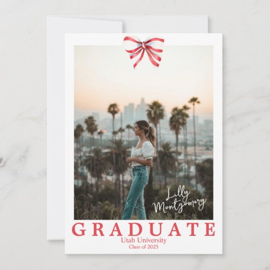 Rode strik coquette foto afstudeeraankondiging kaart (Voorkant)