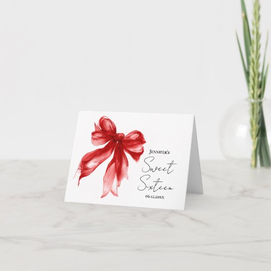 Rode strik coquette script Sweet 16 bedankt (Voorkant)