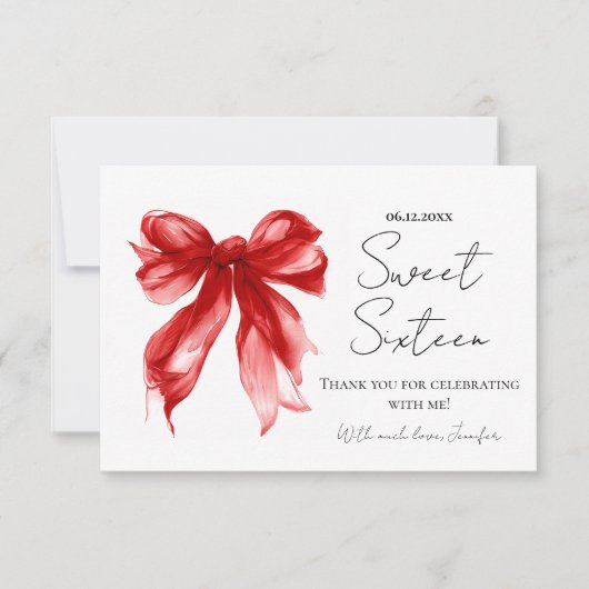 Rode strik coquette script Sweet 16 bedankt  (Voorkant)