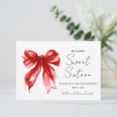 Rode strik coquette script Sweet 16 bedankt  (Staand voorkant)