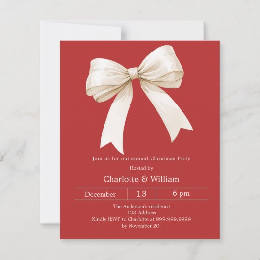 Rode strik crème kerstfeest uitnodiging (Voorkant)