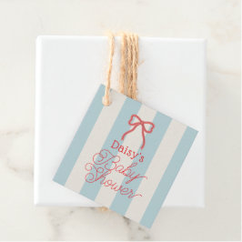 Rode strik en blauwe strepen baby shower bedankjes labels