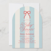 Rode strik en blauwe strepen baby shower kaart (Voorkant)