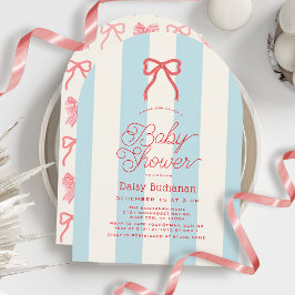 Rode strik en blauwe strepen baby shower kaart