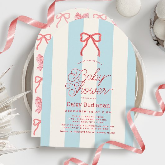 Rode strik en blauwe strepen baby shower kaart