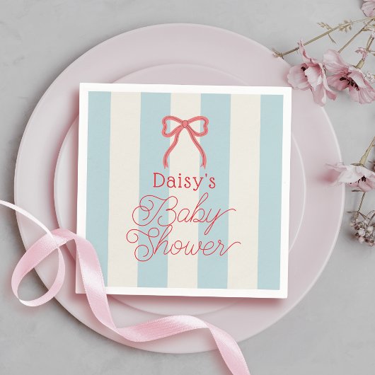 Rode strik en blauwe strepen baby shower servet