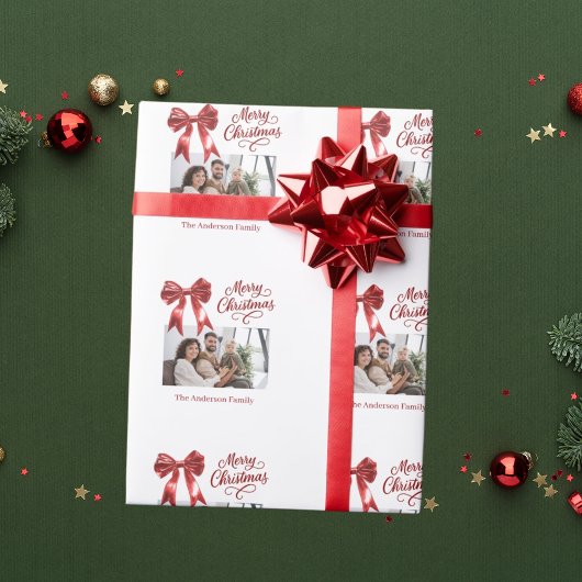 Rode strik foto script witte Kerstmis Cadeaupapier