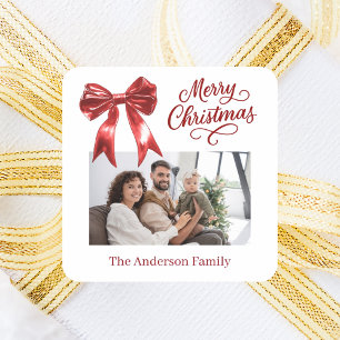 Rode strik foto witte Kerstmis Vierkante Sticker