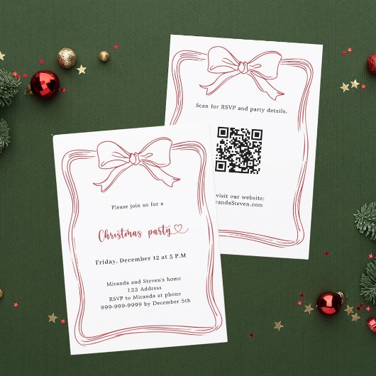 Rode strik handgetekende QR-code kerstfeest Kaart