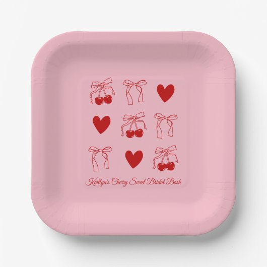 Rode strik kers zoete bruidsfeest papieren borden papieren bordje (Voorkant)
