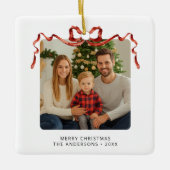 Rode strik Kerst Foto Vierkant Keramisch Ornament (Voorkant)