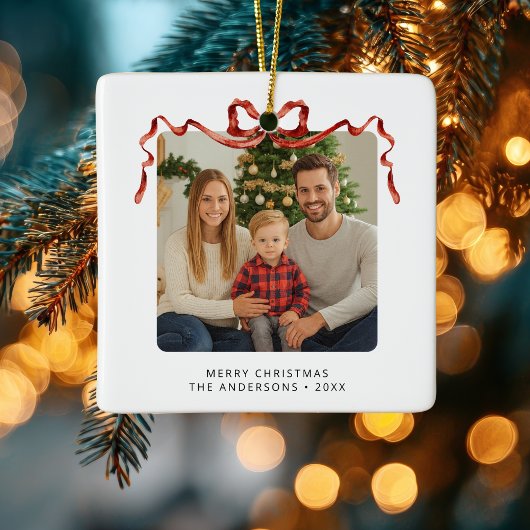 Rode strik Kerst Foto Vierkant Keramisch Ornament