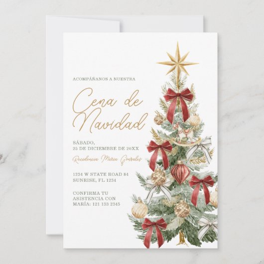 Rode strik kerstboom Cena De Navidad diner Kaart (Voorkant)