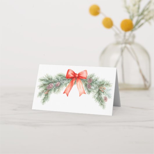 Rode strik kerstbruiloft plaatskaartje (Achterkant)