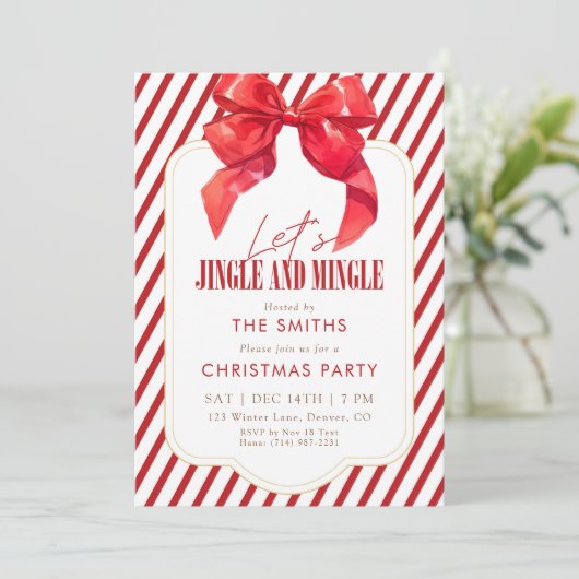 Rode strik kerstfeest met jingle en mingle kaart (Staand voorkant)
