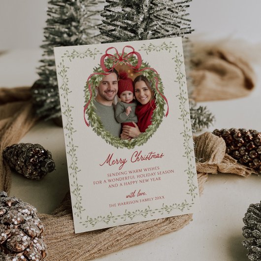 Rode strik krans foto feestdagenkaart