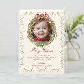 Rode strik krans foto feestdagenkaart (Staand voorkant)