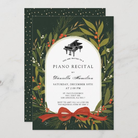 Rode strik krans piano witte recital uitnodiging (Voorkant / Achterkant)