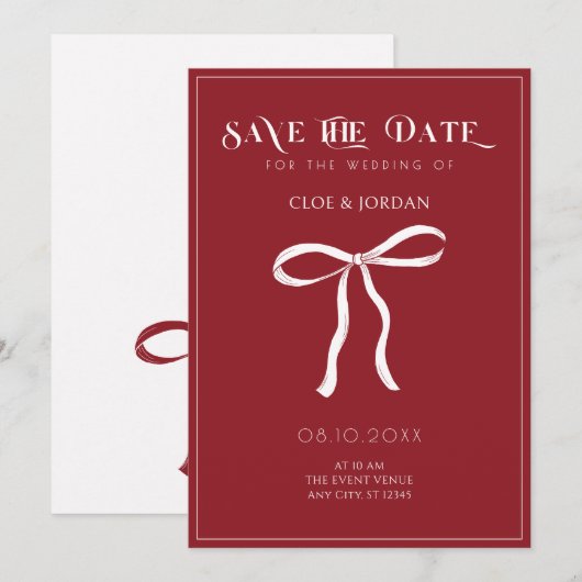 Rode strik lint trouwjurk save the date (Voorkant / Achterkant)