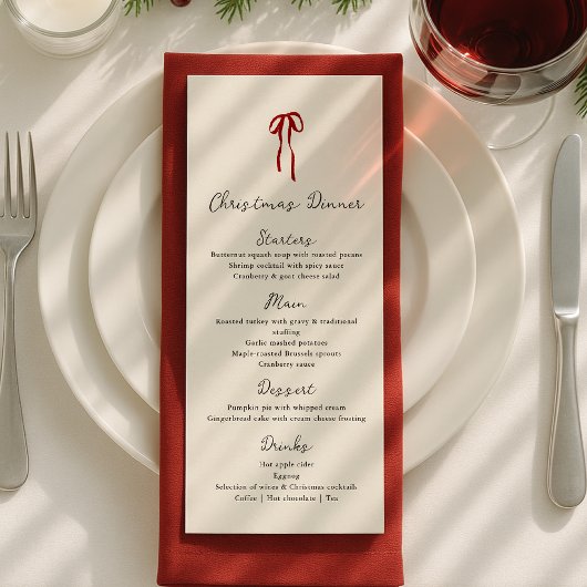 Rode strik, met de hand getekende kerstdinermaal menu