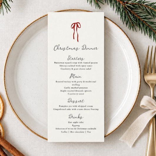 Rode strik, met de hand getekende kerstdinermaal menu