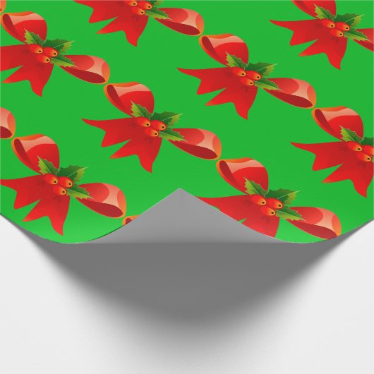 Rode strik met Holly Green Wrapping Paper Cadeaupapier (Hoek)