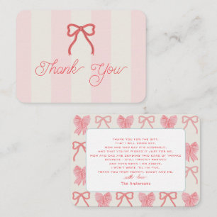 Rode strik met roze lint baby shower bedankje notitiekaartje