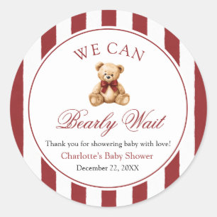 Rode strik teddybeer We Can Bearly Wait baby showe Ronde Sticker