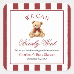 Rode strik teddybeer We Can Bearly Wait babyborrel Vierkante Sticker