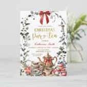 Rode strik wintergroen kerstthee feestje kaart (Staand voorkant)