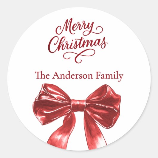 Rode strik witte kerst ronde sticker (Voorkant)