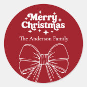 Rode strik witte kerst ronde sticker (Voorkant)