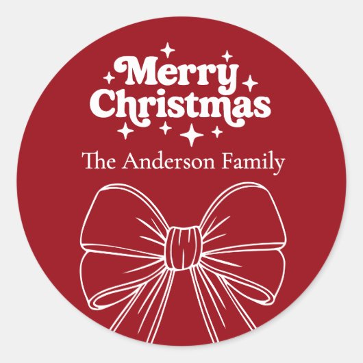 Rode strik witte kerst ronde sticker (Voorkant)