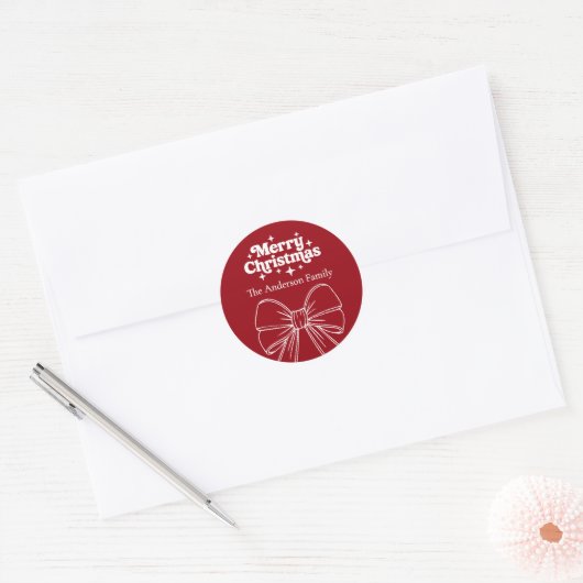 Rode strik witte kerst ronde sticker (Envelop)