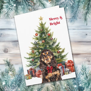 Rode strik zwart bruine Cocker Spaniel Kerstboom Feestdagen Kaart