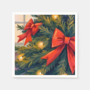 Rode strikken Kerstboom Aquarel Vakantie Servet