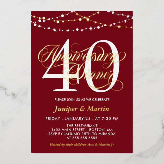 Rode String-Lights 40e bruiloft Jubileum Diner Folie Uitnodiging (Voorkant)