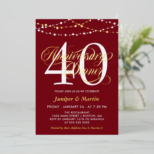 Rode String-Lights 40e bruiloft Jubileum Diner Folie Uitnodiging (Staand Voorkant)
