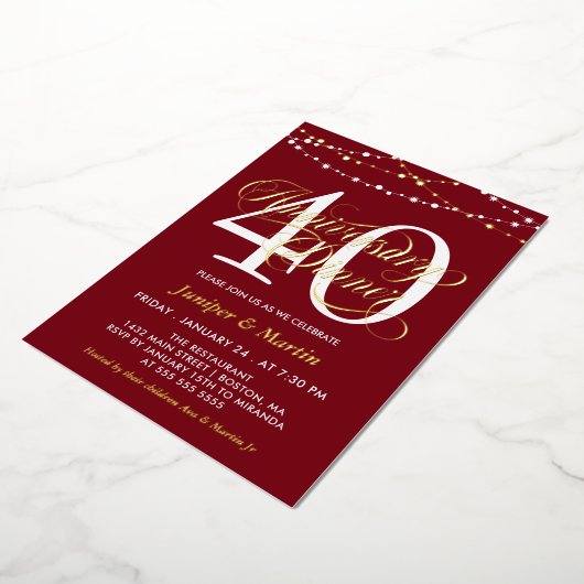 Rode String-Lights 40e bruiloft Jubileum Diner Folie Uitnodiging (Gedraaid)