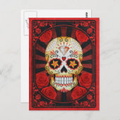  rode suikerschedel met Rozen Poster Briefkaart (Voorkant / Achterkant)