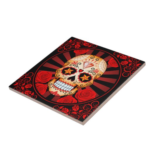  rode suikerschedel met Rozen Poster Tegeltje (Zijkant)