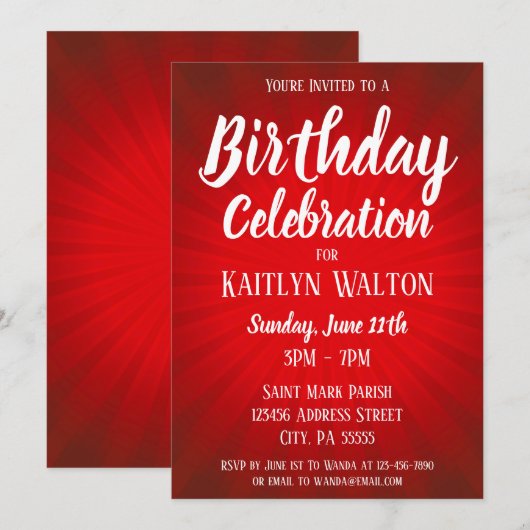 Rode Sunburst Birthday Party Invitation Kaart (Voorkant / Achterkant)