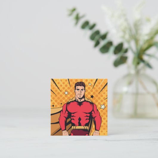 Rode superheld vierkante visitekaartje (Staand voorkant)