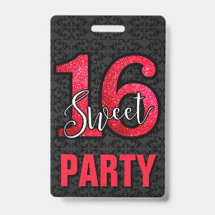 Rode Sweet 16 Verjaardagsfeest Uitnodigingskaart I Badge