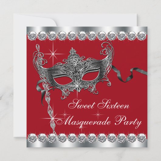 Rode Sweet Sixteen Masquerade Feest Uitnodigingen (Voorkant)