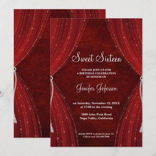 Rode Sweet Sixteen uitnodiging (Voorkant / Achterkant)